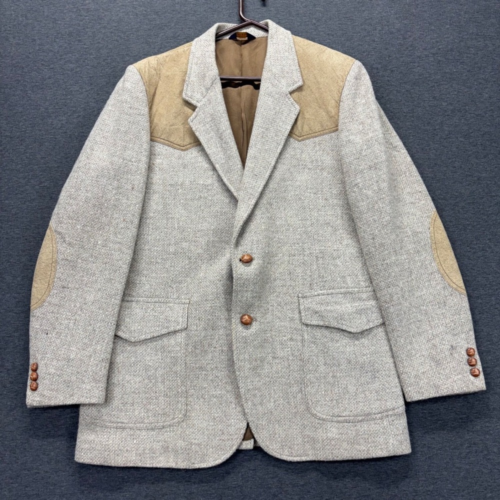VTG Pendleton Sport Coat Mens 42L Tweed Suede Yoke Elbow Patch Brown Gray USA